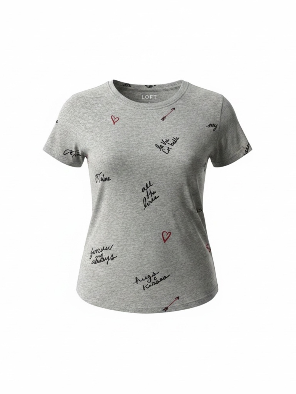 LOFT Gray Short-Sleeve Tee with Script & Red Heart Accents